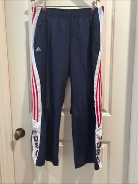 Adidas USA Olympic style Navy Track Pants w/Red White Side Panels zip pocket L